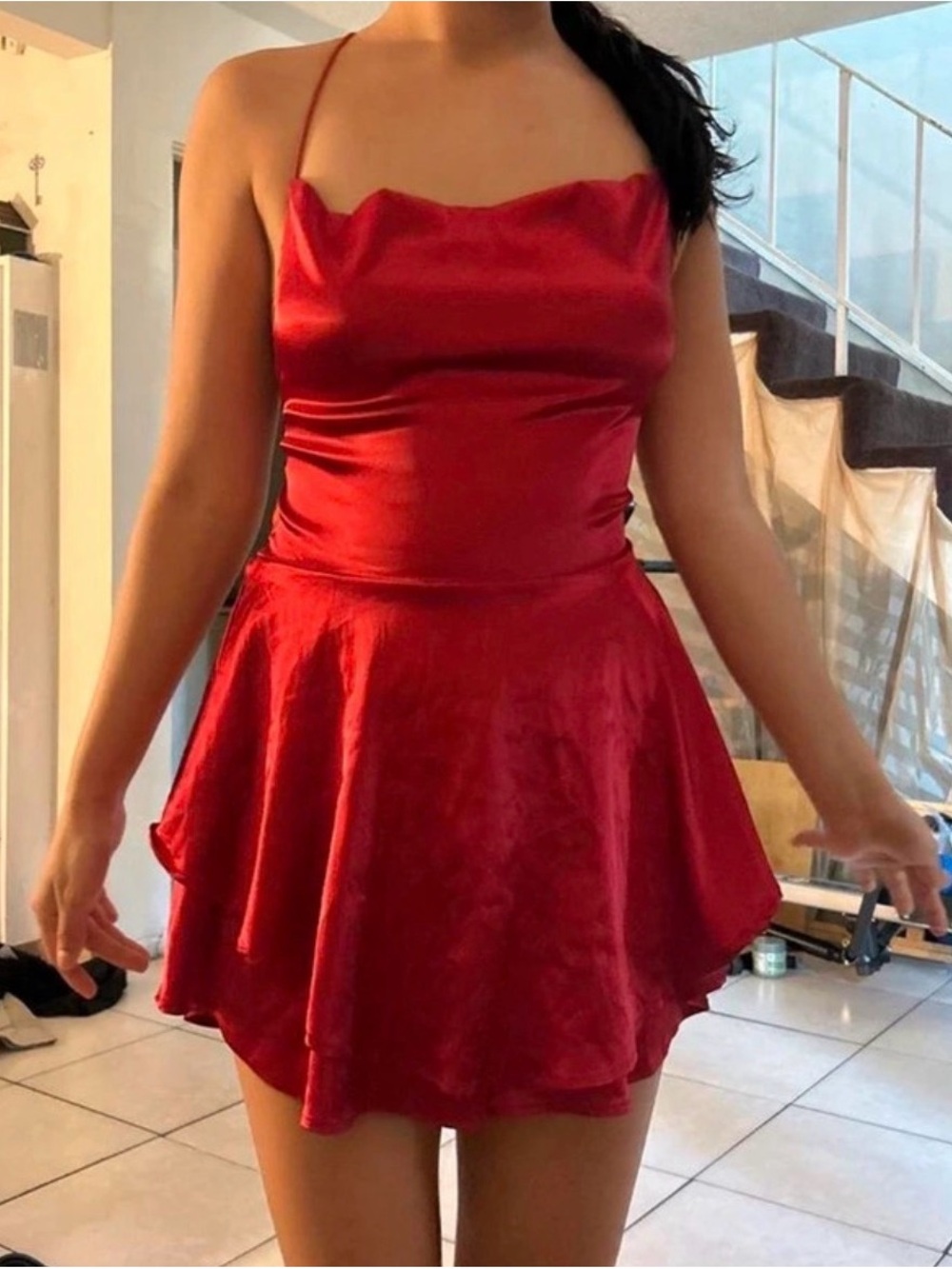 Cowl Neck Red Satin Mini Dress with Spaghetti Straps
